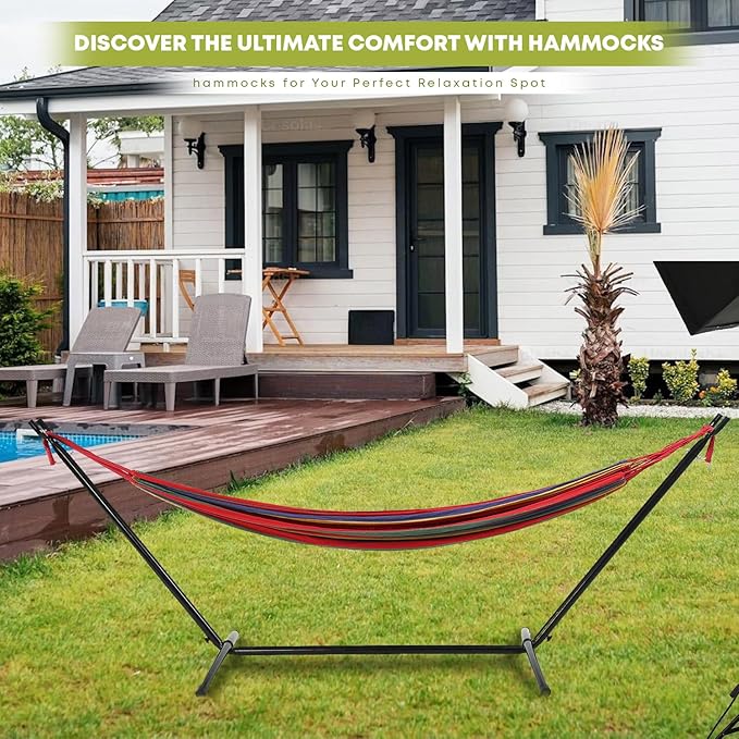 Double Hammock with Space Saving Steel Stand,(450 lb Capacity - Premium Carry Bag Included),Portable Hammock with Heavy Duty Steel Stand for Backyard,Camping or Garden,Red