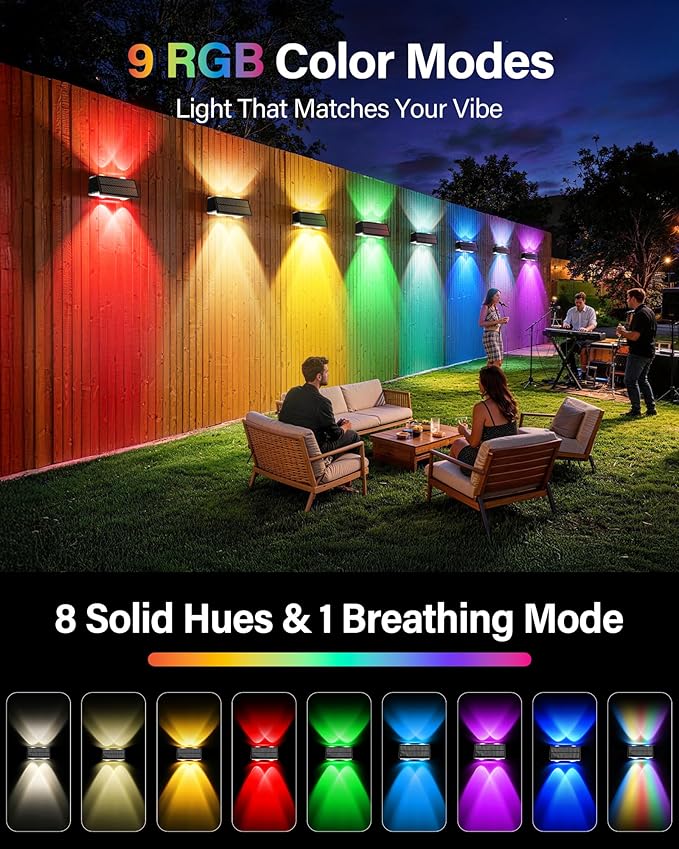 Solar Fence Lights Outdoor, 100LM Fence Lights Solar Powered Waterproof, 9 Color Modes, Up & Down LED Focused Beam, 12H Dusk to Dawn Glow for Pool/Patio/Wall/Backyard - 2 Pack, Black