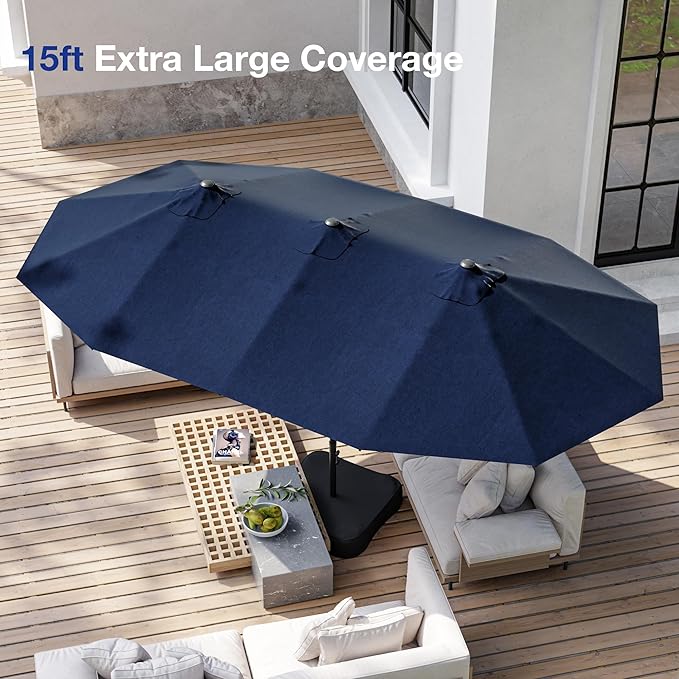Joyside 15FT Large Patio Umbrella, Outdoor Double Sided Umbrella, Rectangle Umbrella with Crank Handle, 12 Sturdy Ribs for Deck, Porch and Pool