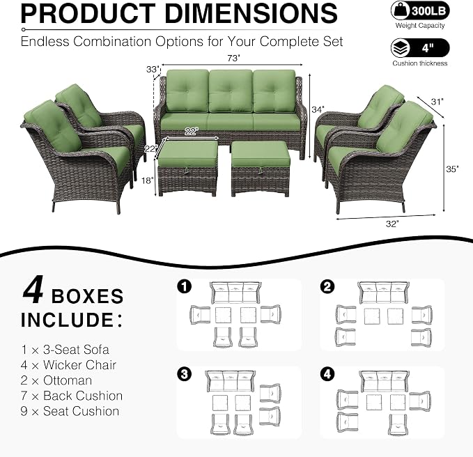 Joyside 7 Piece Wicker Patio Furniture Set, Rattan Patio Chairs with High Back, Deep Seating, Wide Armrest, Thickened Cushions, Outdoor Furniture for Deck, Porch Use
