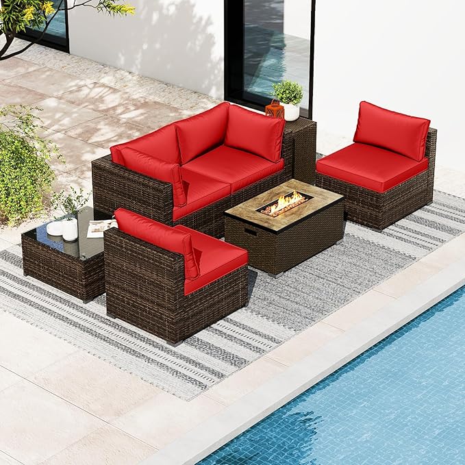 Tangkula 7 Pieces Outdoor Sectional Sofa Set Set with 32” Fire Pit Table and Propane Tank Cover, for Deck, Garden and Backyard, Fire Pit Protective Cover Included (Red)