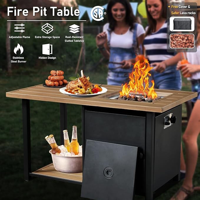 HOOOWOOO 5 Piece Patio Set with Fire Pit Table, All Weather Resistant High Back Rattan Outdoor Wicker Furniture (Beige Tan)