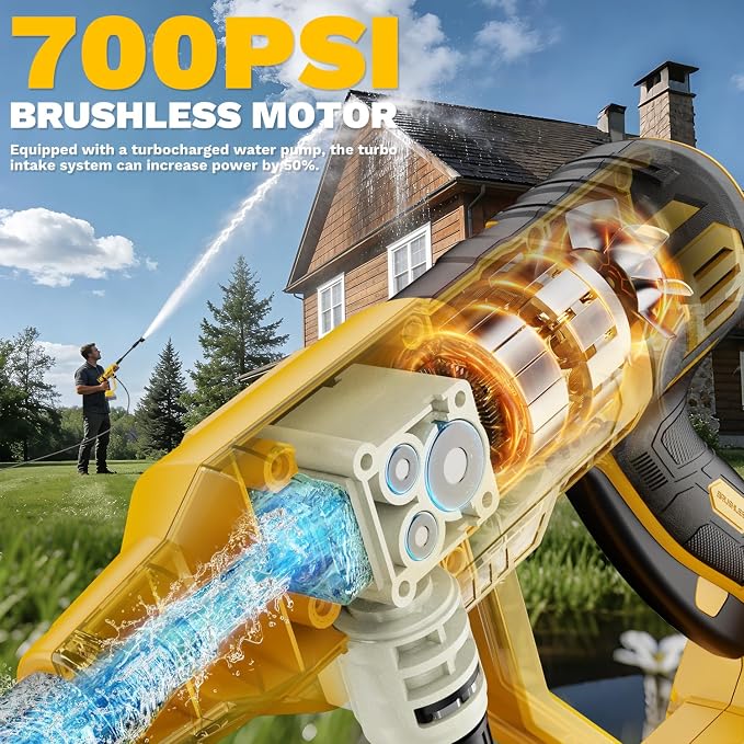 Cordless Portable Washer Compatible with Dewalt 20V Battery, 700 PSI Portable Handheld Cleaning Tool with Brushless Motor, 6-in-1 Nozzle, 4 Level Adjustable for Car Floor Fence Wall (Tool only)