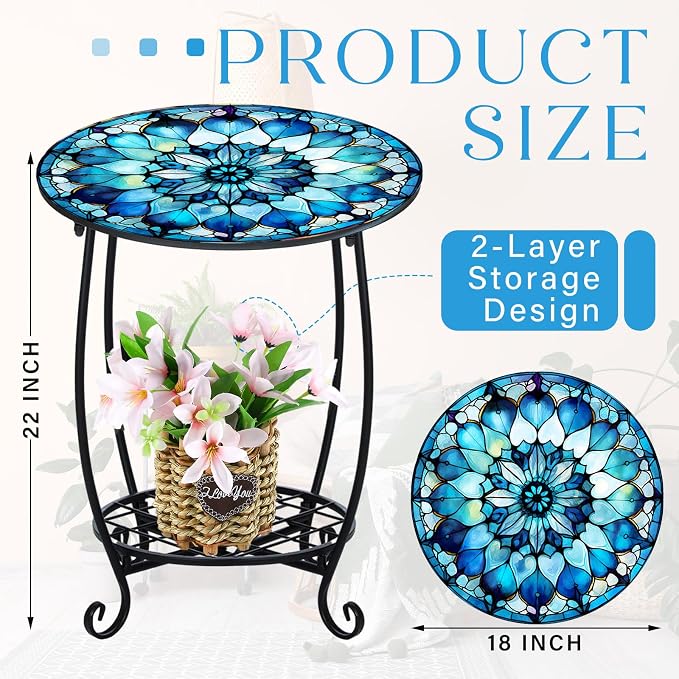Cinnvoice Outdoor Side Table Round Small Mosaic Patio Accent Indoor End Plant Coffee Tea Table for Yard Patio Porch Garden Living Room, Bedroom(Mandala Style2,18 Inch)