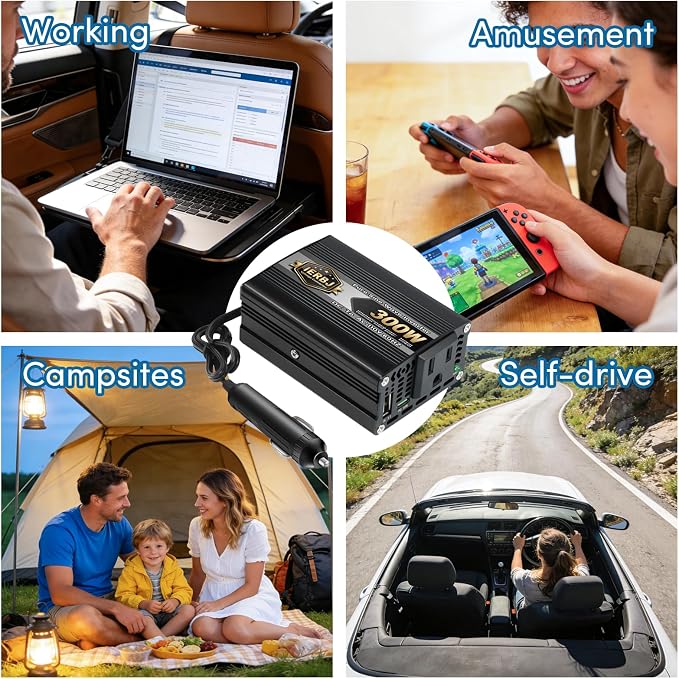 IERBJ 200W Power Inverter, DC 12V to AC 110V, 300W Peak Power, Car Plug Adapter Outlet Converter with USB Charging Ports,Type-C Ports,with Cigarette Lighter Socket for Laptop (Black)