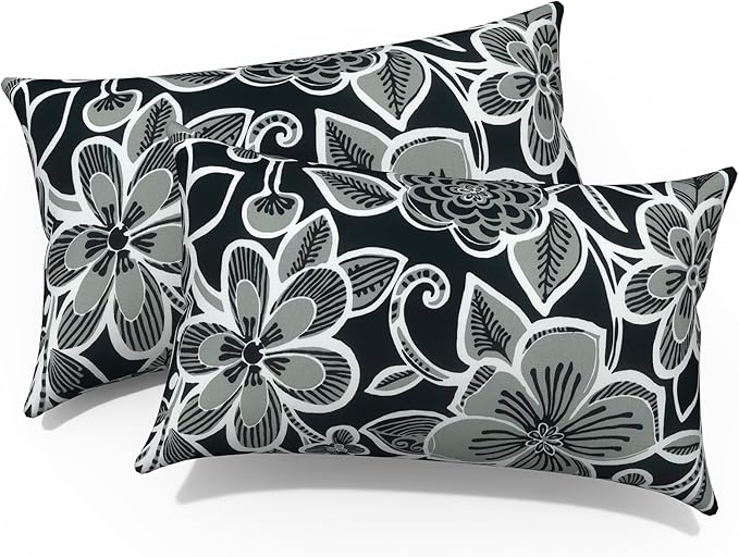 Pack of 2 Outdoor Lumbar Pillow Covers, All Weather Cushion Pillow Cases 12x20 Inch, Pillowcase for Patio Couch Decoration, Flower Black