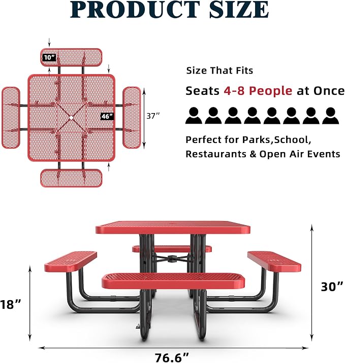KEIKI 76.6" Heavy-Duty Steel Outdoor Picnic Table w/1.9" Umbrella Hole, Square Patio Dining Table for 4–8 People, Weather-Resistant Coated Metal Frame, Sturdy Thick Legs for Backyard, Park, Red