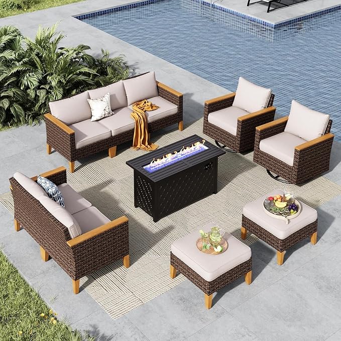 MFSTUDIO 9 Piece Wicker Patio Furniture Set with Fire Pit Table, 2 x Swivel Chair, 2 x Ottoman, Loveseat Sofa, 3-Seat Sofa, Outdoor Rattan Patio Conversation Set for Garden, Backyard(Beige Cushions)