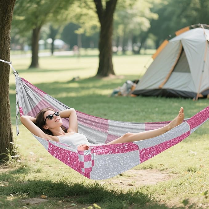 Fake Glitter Checkerboard Squares White Pink 330lb Capacity Outdoor Hammocks with Tree Straps Fabric Hammock for Camping Travel Accessories hamacas para adultos 2 Personas