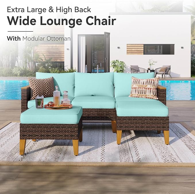 GREEN PARTY 7 Pieces Wicker Patio Furniture Set with 56" Fire Pit Table, All-Weather Outdoor Rattan Patio Sectional Sofa Conversation Set with 4" Thick Cushions for Backyard, 2 x Ottomans (Blue)