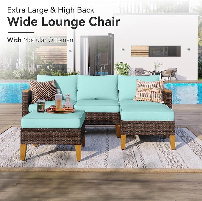 GREEN PARTY 9 Pieces Wicker Patio Furniture Set with 56" Fire Pit Table, All-Weather Outdoor Rattan Patio Sectional Sofa Conversation Set 9 Seats with 4" Thick Cushions for Garden, Backyard (Blue)
