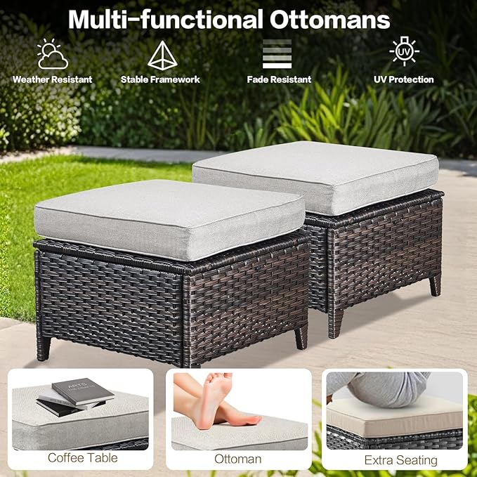 5 Pieces Outdoor Patio Furniture Conversation Set PE Rattan Wicker with a 3-Seater Sofa, 2 Armchairs, 2 Outdoor Ottomans for Yard Backyard (Brown/Beige)