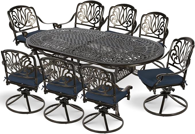 MEETWARM 9-Piece Outdoor Patio Dining Set, All-Weather Cast Aluminum Outdoor Dining Table Set for 8 with 84" Oval Table, 8 Cushioned Swivel Patio Chairs for Backyard Garden, Umbrella Hole, Navy Blue