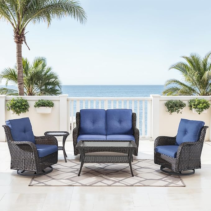 Patio Loveseat Glider Set, Resin Wicker Loveseat Glider with 2 Swivel Patio Chiars Coffee Table and Side Table, 5 Piece Patio Furniture Set Loveseat Set, Brown Wicker|Blue Cushions