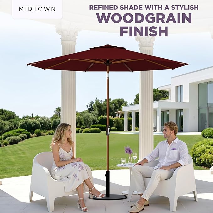 Midtown Umbrellas The Wooden 2-9 Feet Patio Umbrella in Sunbrella Burgundy Acrylic Fabric - Auto-Tilt Aluminum Frame For Backyard, Deck, Garden, Pool - White Pole