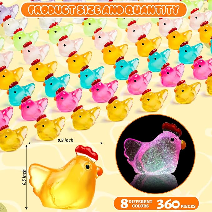 180PCS Luminous Mini Resin Chicken Miniature Chickens Animals Figurines Glow in The Dark, Tiny Chickens Bulk for Dollhouse Micro Landscape DIY Home Outdoor Party Decor (8 Colors)