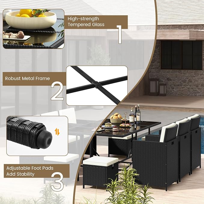 Tangkula 11 Pieces Patio Dining Set, Space-Saving Wicker Chairs & Tempered Glass Table with Ottomans, Thick Soft Cushions, Outdoor Conversation Furniture Set for Garden Yard Poolside