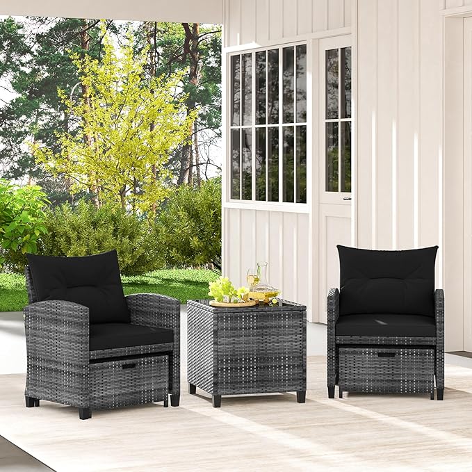 Tangkula 5 Pieces Patio Conversation Set, PE Wicker Rattan Outdoor Furniture Set with 2 Chairs, 2 Ottomans & Tempered Glass Coffee Table, Ideal for Poolside, Backyard, Lawn, Deck, Mix Grey & Black