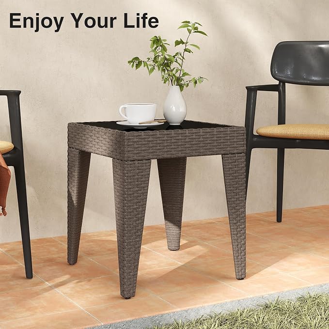 Kinfant Rattan Patio Side Table - Modern Wicker End Table, PE Rattan Coffee Table with Glass Top, Weather-Resistant Patio Furniture for Patio, Balcony, Garden, and Poolside (1, Rattan Sesan)