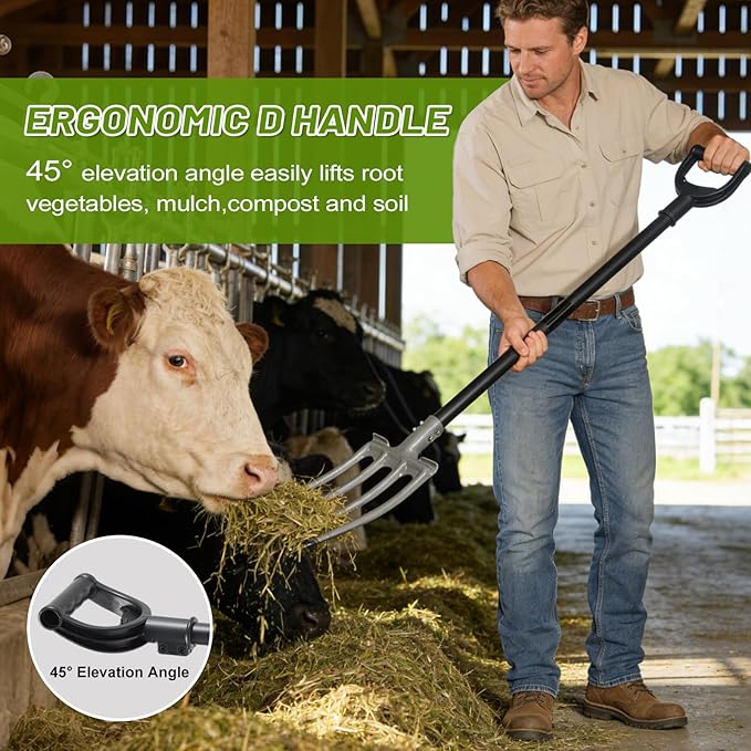 Pitch Fork, 46 inch Garden Fork with Metal 4 Tines & Ergonomic D Handle, Heavy Duty Pitchforks for Gardening Digging Composting Soil Loosening