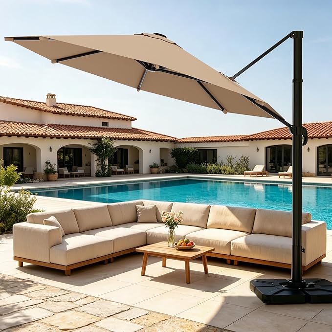AreShark 10FT Round Cantilever Patio Umbrella with Base Included, 360° Rotation Offset Outdoor Umbrella, 5 Tilt Settings Heavy Duty Hanging Parasol for Deck Garden Pool, Beige