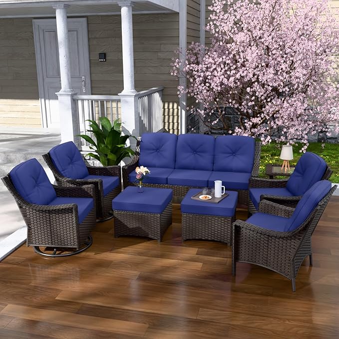 Stone Creek Outdoor Furniture Set with Swivel Rocking Chairs, Patio Chairs, 3 Seater Couch, Side Table & Ottomans, Wicker Patio Conversation Set, Balcony Furniture, 8 Piece, Brown/Blue