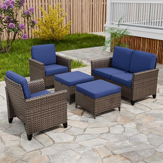 COOS BAY Harbor Retreat 5 Piece Outdoor Furniture Set, Patio Conversation Set with Patio Chairs, 2 Seat Loveseat and Ottomans, Wicker Furniture, Brown/Blue