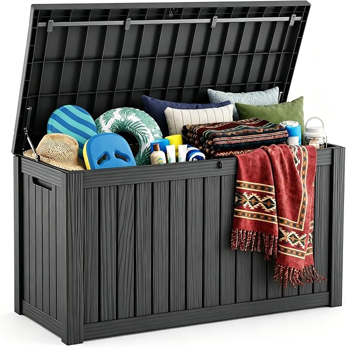 230 Gallon Large Outdoor Storage Box Waterproof, UV Resistant Resin Deck Box with Hydraulic Rod & Lockable Latch for Patio Furniture, Outside Storage Box for Garden Tools, Patio Cushions, Black