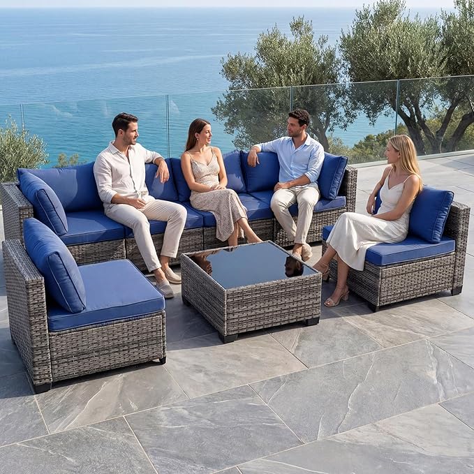 7 Pieces Outdoor Wicker Patio Furniture Sectional Set, Patio Conversation Set with Cushions & Coffee Table, All Weather PE Rattan Patio Sofa with Tea Table for Backyard Porch Garden (Navy-blue)