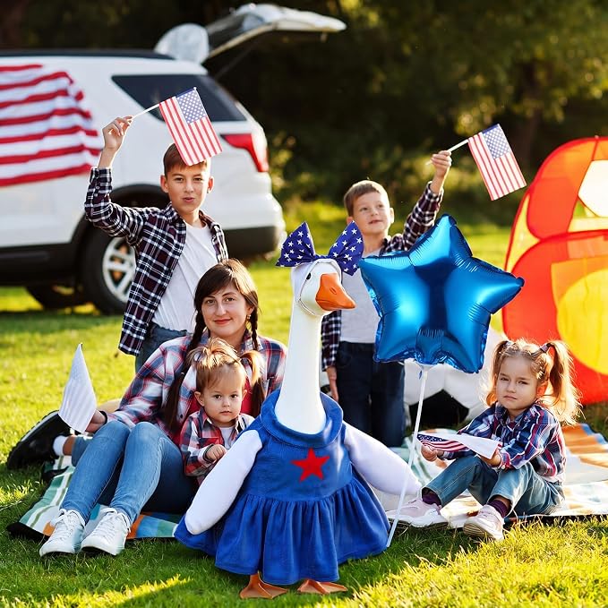Soulchen 1 Set 4th of July Porch Goose Outfit 23 Inch Patriotic Red White Blue Cement Goose Clothes Dress and Headband Set for 250th Anniversary Independence Day Holiday Garden Yard Decor
