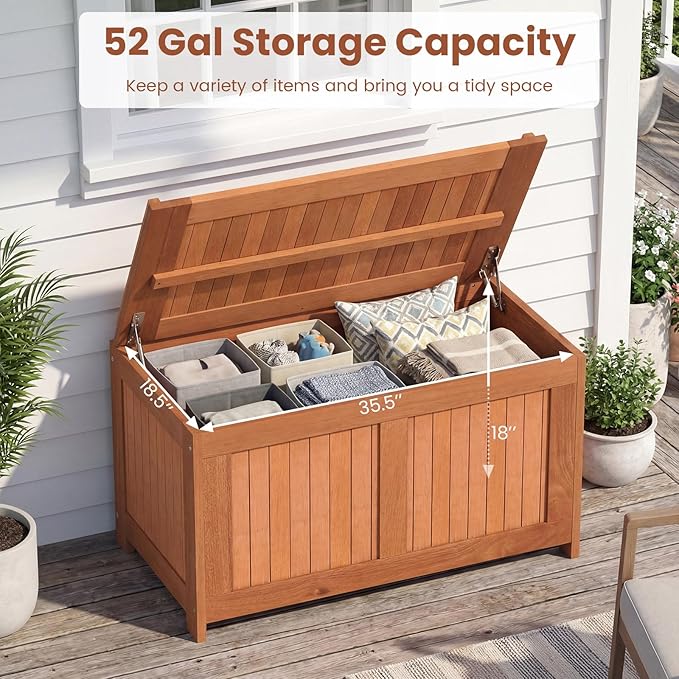 HAPPYGRILL Outdoor Wood Deck Box with Flip Top, Patio Storage Bench for Garden, Poolside, Backyard, 52 Gallon