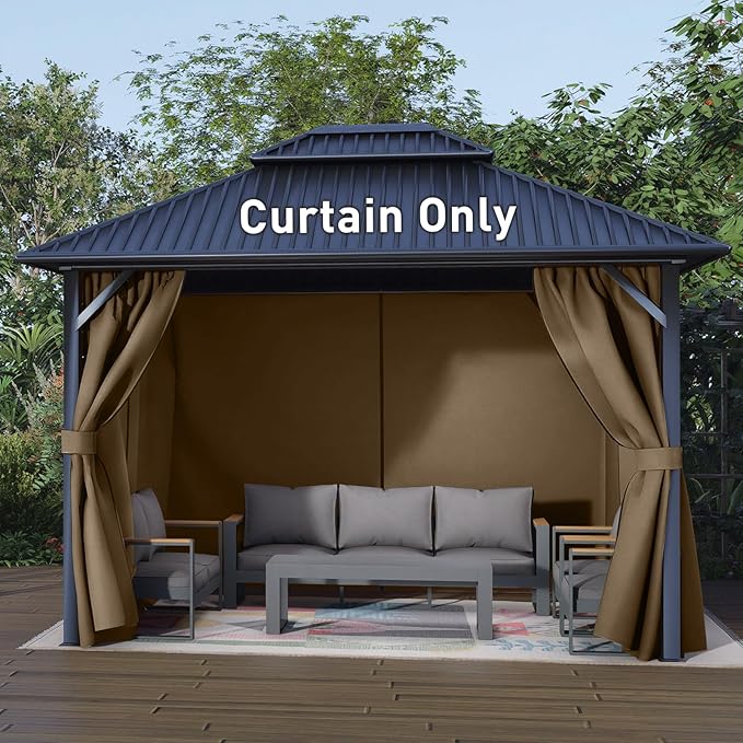 Aoodor 10x10 ft Outdoor Gazebo Curtains, 4 Panels Waterproof Privacy Sidewall Replacement with Zipper for Patio Pergola and Canopy, Light Coffee