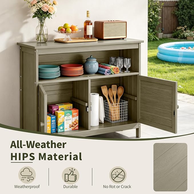 HIPS All-Weather Outdoor Storage Cabinet,Outdoor Sideboard with Magnetic Doors,3-Shelves Patio Storage Cabinet, Used for Garden,Buffet Cabinet,TV Stand, Bar Table,Balcony