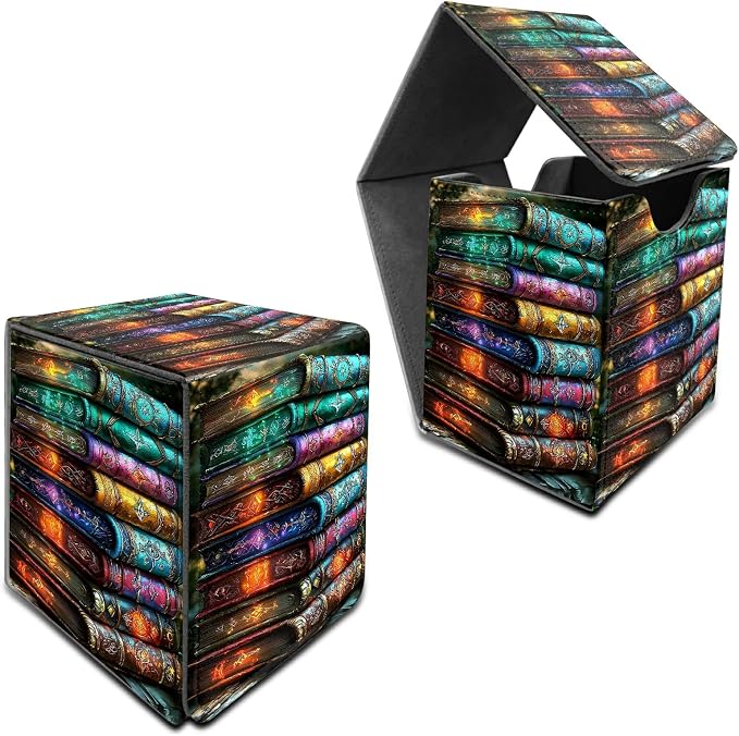 Colorful Books Card Deck Box for MTG, Personalized Card Storage Case Fits 120+ Sleeved Cards, Premium Leather TCG Box with Strong Magnetic Closure for Magic, CCG, PTCG, Baseball Cards