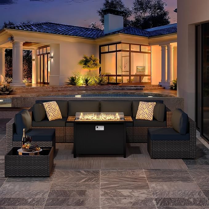 JAMFLY 8 Piece Outdoor Patio Furniture Set with Propane Fire Pit Table, All-Weather PE Wicker Rattan Sectional Sofa Set with Thick Cushions for Backyard, Garden, Poolside(Aegean Blue, Silver)