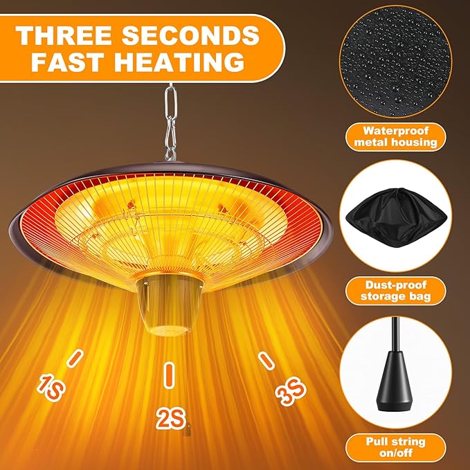 Glooglitter Outdoor Hanging Patio Heater 1500W Electric Hanging Ceiling Mounted Infrared Heater with Storage bag 3s Fast Heating, Quiet, Adjustable Chain, for Home Garage Balcony Studio