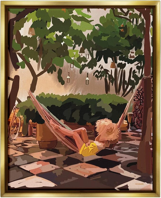 'Woman Lounging Hammock Tropical Summer'| Floating Frame Canvas Art | Stupell Industries | Gold, 17 x 21 Inches, Easy to Hang and Sturdy, Made in USA, by Amelia Noyes
