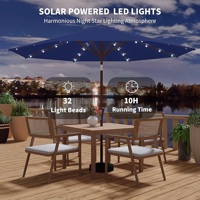 Kingdura 9FT Outdoor Patio Umbrella with Solar Lights, Market Table Umbrella with Push Button Tilt & Crank, 8 Sturdy Ribs, 32 LED Lights, UV Protection for Garden Lawn Deck Backyard Pool (Navy blue)