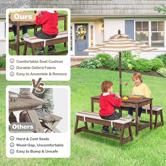HONEY JOY Kids Picnic Table, Outdoor Wooden Table & Bench Set w/Removable Cushions and Umbrella, Stripe Fabric, Children Backyard Furniture for Patio Garden, Gift for Toddler Boys Girls Age 3+(Coffee)