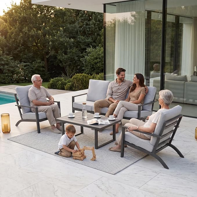 Aluminum Patio Furniture Set With Height-Adjustable Coffee Table, 4-Piece Patio Lounge Set With 5-Inch Washable Thickened Cushions, Outdoor Couch Sectional Suitable For Poolside Balconies Garden, Gray