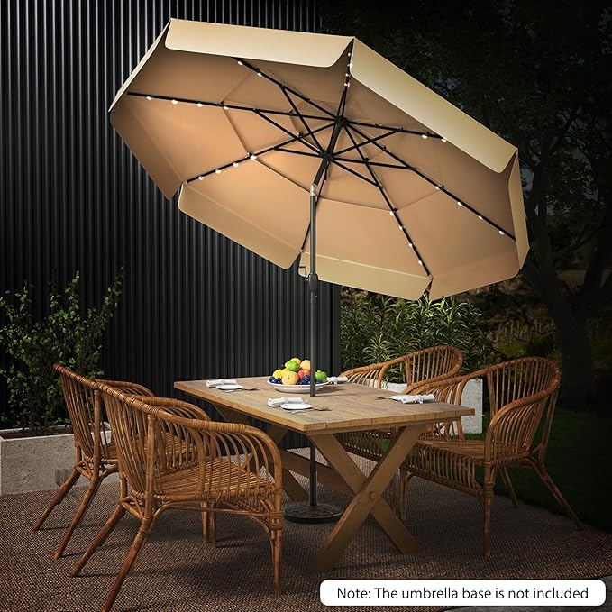 Tangkula 10 FT Solar LED Patio Umbrella, 3-Tiers Scalloped Outdoor Table Market Umbrella with 32 LED Lights, Tilt Adjustment, Crank, 8 Sturdy Ribs for Pool, Deck, Backyard (Beige)