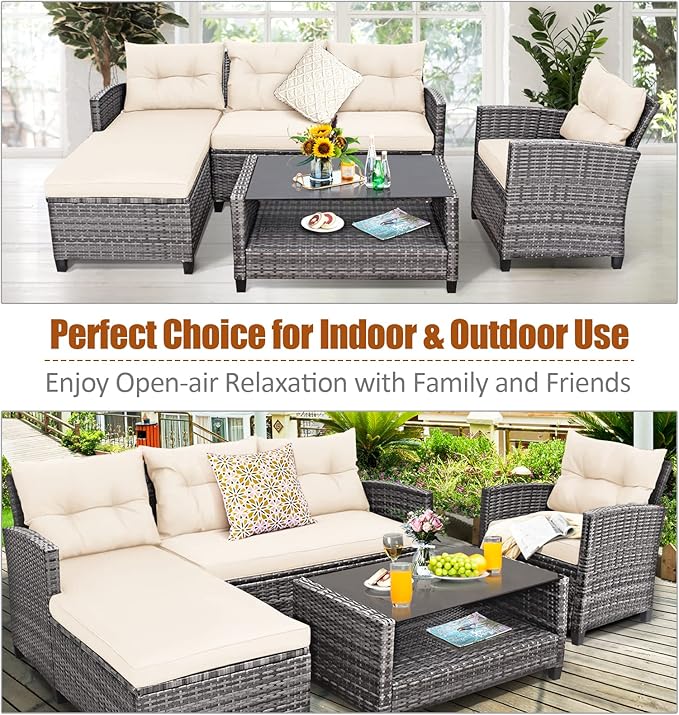 Tangkula 4 Pieces Rattan Conversation Set, Patiojoy Outdoor Furniture Set with Cushions, Lounge Sofa Set with Coffee Table, Patio Sectional Sofa Set for Patio Garden Poolside Backyard (White)