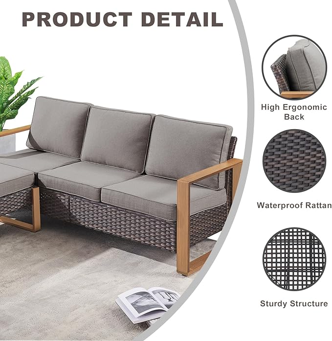 Rilyson Outdoor Wicker Patio Furniture Set - 5 Piece Patio Conversation Set with 2 Wicker Armrest Chairs,2 Rattan Ottoman and 1 Couch,Sturdy Frame,Thick Cushions,Deep Seating(Brown/Grey)
