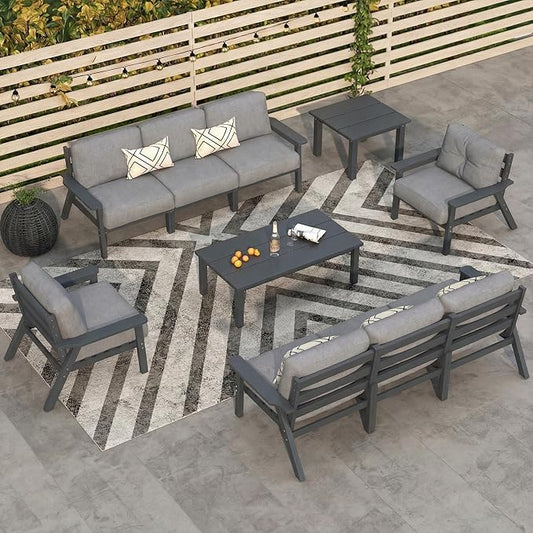 10 Piece Outdoor Patio Furniture Set, Outdoor Couch with Washable Thick Gray Cushions, Coffee Table & Side Table, Patio Conversation Sets for Lawn, Garden, Porch, Balcon (Grey Frame)
