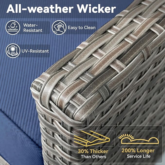 6 Piece Outdoor Patio Wicker Furniture Sets-High Back Outdoor Conversation Set Sectional Sofa with Wicker Swivel Rocker Patio Chairs,Thick Cushions Ottomans for Porch Balcony Patio Deck Grey/Blue