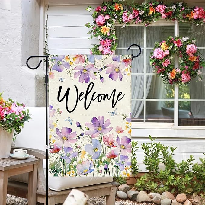 Baccessor Spring Summer Pansy Welcome Garden Flag 12.5 x 18 Inch Double Sided Burlap Butterflies Floral Flower Farmhouse Small Yard Flag Holiday Seasonal Outdoor Outside Decoration