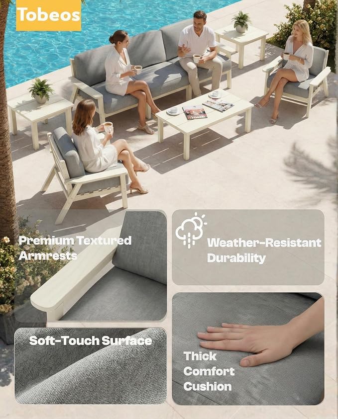 HDPE Patio Furniture Set 5 Seats with Cantilever Umbrella, Outdoor Couch with Washable Thick Gray Cushions & Tables, Outdoor Sectional Furniture for Deck, Lawn, Porch (White Frame)