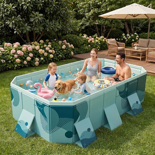 113" Non-Inflatable Foldable Pool, Extra Large Collapsible Swimming Pool with Rigid Hard Composite Board, Thickened Portable Pool for Outdoor, Backyard, Family, Camping (Film Green, 3M)