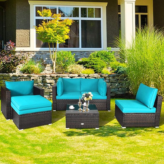 HAPPYGRILL 6 Pieces Patio Conversation Set Outdoor Furniture Set Rattan Wicker Sectional Sofa Set with Soft Cushions Coffee Table Ottoman for Backyard Garden Poolside