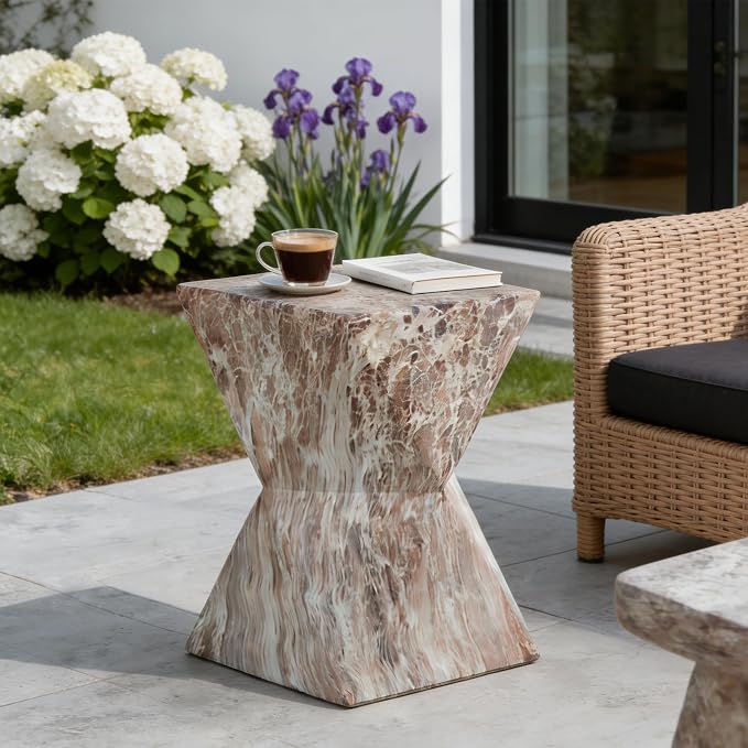 Outdoor Side Table Faux Marble Square Side Table Hourglass End Tables Small Coffee Tables for Patio Garden Stool for Porch, Backyard Balcony,12.4",Weather Resistant, Brown